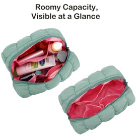 JINSI Travel Makeup Bag Quilted Cosmetic Organizer Case Zipper Toiletry Bag for Women, Compact Purse Storage Pouch (Checkered Green)