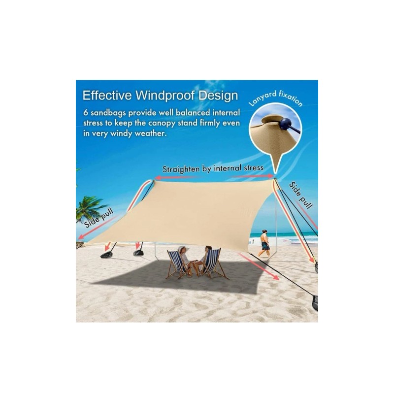 easierhike Beach Canopy Windproof, Sun Shelter UPF50+, 6 Sandbags Anchors