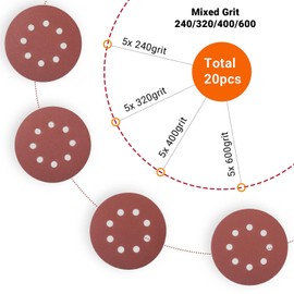 YoiYee 125mm/5-Inch Very Fine Mixed Grit Abrasive Sanding Discs Kit – 8-Hole Hook & Loop Pads with P240/320/400/600 Assortment, 20-Pack Aluminium Oxide Discs for Orbital