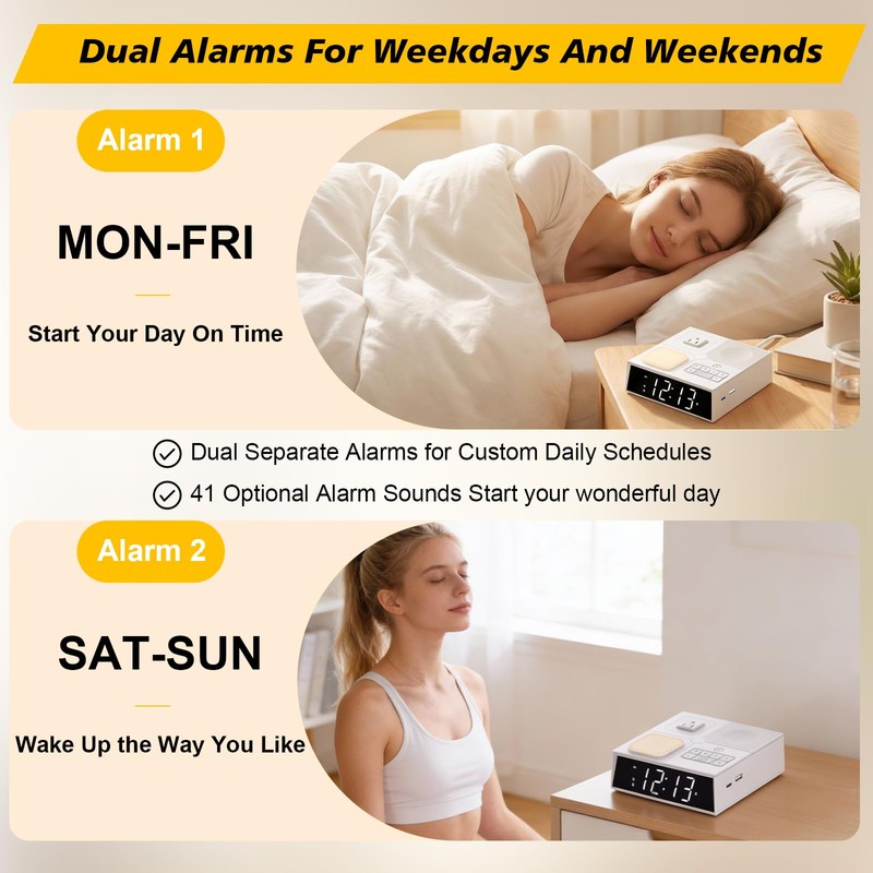 Kungfuking Alarm Clock Power Strip with White Noise, Dual Alarms,