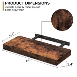 Floating Shelves - Rustic Brown Wall Shelf Set of 2 - 16"W x 6.7"D Wall Mounted Shelves for Wall Decor & Storage - Wooden Shelves with Invisible Brackets for Living Room, Kitchen, Farmhouse