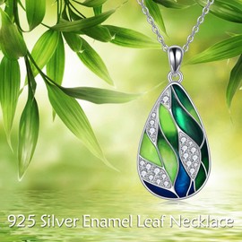 POPLYKE 925 Sterling Silver Green Bamboo Leaf Necklace Enamel Jewellery for Women Green Teardrop Pandent Birthday Gifts