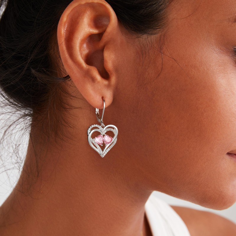 925 Sterling Silver Heart Earrings for Women Pink Silver Dangle