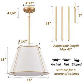 AXILAND Cone Pendant Light Fixture with Metal Lantern Fabric Drum Shade 16" White and Gold Chandeliers for Kitchen Dining Room Living Room Bedroom
