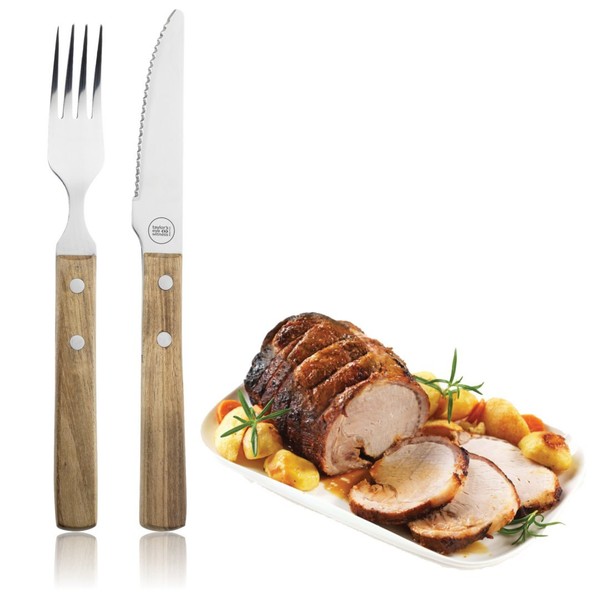 Steak Knife and Fork Cutlery Set - Traditional 2-Piece Set Made with Acacia Wood Handles Attached by A Double Rivet System and Fine Polished Stainless Steel Prongs and Serrated Blade