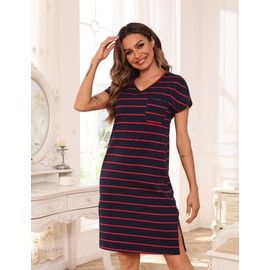 Jahetuul Women’s Cotton Nightdress Short-Sleeve Sleepwear, Striped Summer Nightshirt Flutter Sleeves