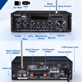 Suacopzar 298Pro Home Audio Amplifier, Max 400Wx2 RMS 50Wx2 Bluetooth 5.0 Wireless Power Amplifier, 2.0 CH HiFi Sound Audio System Home Stereo Receiver, MIC in w/Echo, Bass & Treble w/USB/RCA/FM