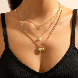 Dainty Layered Necklaces Pendent 14K Gold Plated for Women Trendy Multilayer Bar Disc Simple Herringbone Adjustable Chain Layering Y Pendant Necklaces Gift Jewelry (2-layers - Disc Pearl Heart)