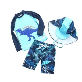 SGMWVB - Traje de baño de 3 piezas para bebés y niños pequeños, traje de baño con sombrero, traje de surf UPF 50+ FBA, Playa de dinosaurios, 6-9 meses