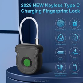 2025 New Fingerprint Padlock, Keyless Smart Padlock, 0.5s Unlock with 20 Fingerprints, USB-Key, Emergency Unlock Code, Low Power Warning, Anti-Theft for Suitcase, Drawer, Wardrobe