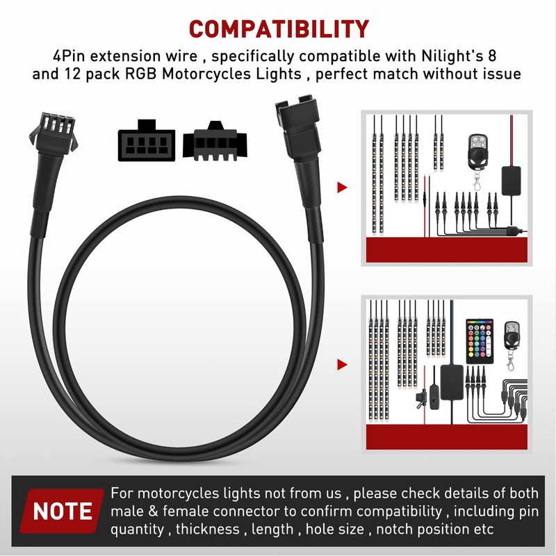 Nilight Extension Cable for Motorcycle LED Strip Lights 4PCS 2