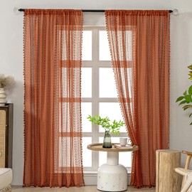 WAZZIO Burnt Orange Sheer Curtains 84 Inches Long Rod Pocket Cotton Crochet Lace Boho Curtains 2 Panel Rustic Rust Light Filtering Terracotta Fall Curtains for Bedroom Living Room Drapes,Pumpkin