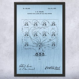 Framed Fire Alarm System Print, Bell Hanger Gift, Alarm Installer, Firefighter Gift, Fire Station Art, First Responder Blue Steel (8x10)