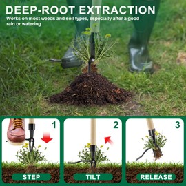 Aischens Weed Remover, 110 cm Weed Remover with Long Handle, 3-Section Design for Easy Weed Removal without Bending, Pulling or Kneeling, Bamboo Handle & 4 Claws Steel Head