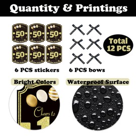 Sumerk 6 Pcs 50th Birthday Stickers with Bows - Waterproof Aesthetic Stickers for Cards & Bottles - Happy 50th Birthday