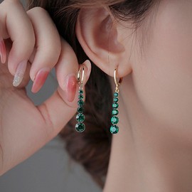 Zeshimb Long Green Crystal Drop Earrings Gold Huggie Hoop Earrings Emerald Dangle Earrings Wedding Bridal Crystal Linear Earrings Jewelry for Women and Girls