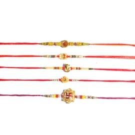 Spiritual Rakhi Set of 5 for Brother – Designer Religious Rakhis with Rudraksha, Swastik, Trishul & Ganesha Motifs – Raksha Bandhan Gift Combo