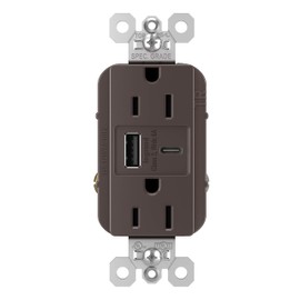 Legrand Pass & Seymour TR15USBAC6 15 Amp Tamper-Resistant Heavy-Duty Specification Grade Decorator Duplex Receptacle Outlet with Ultra Fast USB A/C 6.0A Charging Ports, Brown (1 Count)