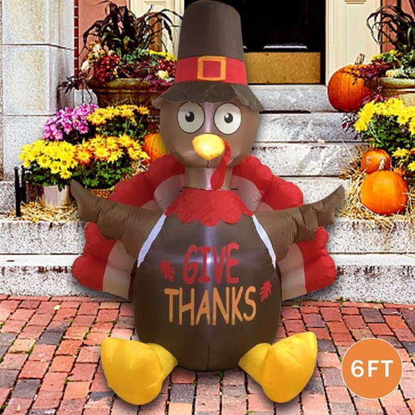 MorTime 6 FT Thanksgiving Inflatable Sitting Turkey, Blow up Lighted Turkey Decor with LED Lights for Fall Autumn Yard Party Shopping Mall Harvest Day Thanksgiving Decorations