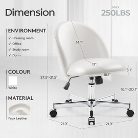 Morkprism Vanity Chair with Back,Armless Desk Chair Cute Small Office Chair,Leather Computer Chair with Adjustable Height,120°Tilting,Rolling,Swivel for Vanity,Kids Room,Office,Bedroom Pearl White