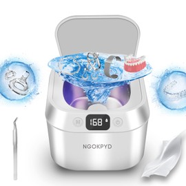 NGOKPYD Ultrasonic Retainer Cleaner for Denture - 48kHz/24W Professional UV Sonic Dental Cleaning Machine 220ML for Aligner Mouth Guards Braces Toothbrush Jewelry Ring Parts, White