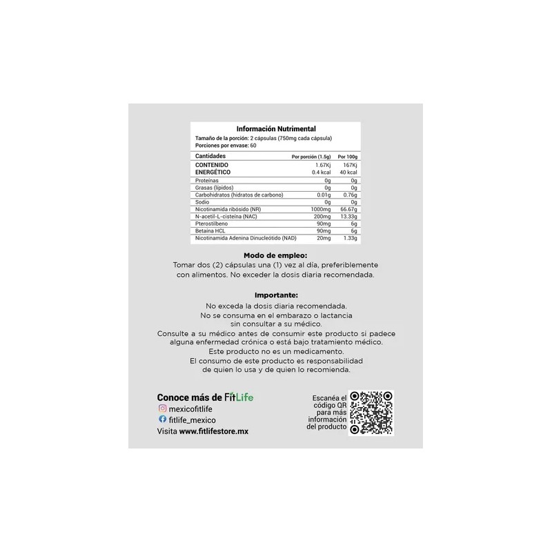 Fitlife Nad+ | Nr (nicotinamida Ribosa) | 2 Meses 120