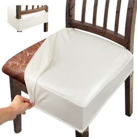 Leather Seat Covers Dining Chairs Waterproof Kitchen Chair Seat Covers set of 8, Wipeable 4-Sided Super Elastic PU Chair Covers Dining Chairs for Dining/Kitchen Room and Dust Resistant(Cream, 8PCS)