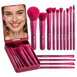 BS-MALL Juego de brochas de maquillaje de viaje, base, polvo, correctores, sombras de ojos, juego de maquillaje con espejo con luz LED, 14 piezas (ros