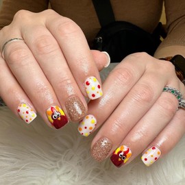 24Pcs Thanksgiving Press on Nails Short Square Fake Nails Colorful Dots with Turkey Fall Nail Design Full Cover Artificial Glue on Nails Gold False Nails Autumn Stick on Nail for Acrylic Manicure