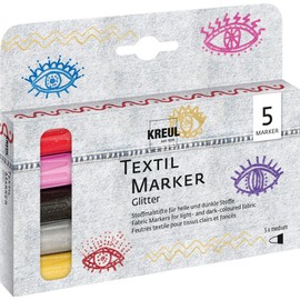 KREUL 92651 – Textile Marker Set Glitter, Medium, 5 Pieces, Line Width 2 to 4 mm, Water-based, Semi-Opaque Fabric Colouring Pens with Glitter Effect