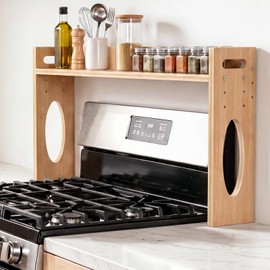 Woodever Bamboo Over the Stove Spice Shelf, 31.5" over the stove shelf, 3 Height-Adjustable Kitchen Counter Shelves, Bamboo Spice Storage Rack for Most Stovetops, Easy Assembly