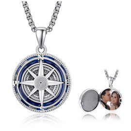 KINGWHYTE Compass Locket Necklace 925 Sterling Silver Compass Photo Pendant Compass Jewelry Gifts for Men Women(Blue Locket)