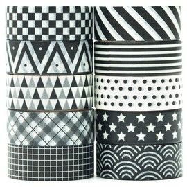 YUBBAEX 10 Rolls Black & White Washi Tape Set Basic Patterns Masking Dots Grid Decorative Tapes