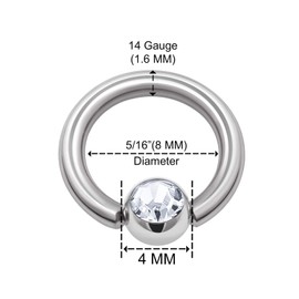 KJM Fashion Pack of 3 Stainless Steel Ball Closure Ring 1.6 mm 14 g 8 mm 5/16 3 mm Crystal Ball Nose Septum Cartilage Eyebrow Earrings Daith 1357, Stainless Steel