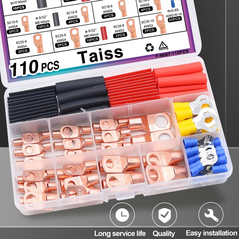 Taiss 110PCS Copper Wire Lugs,Battery lugs AWG 2/4/6/8/10/12/14/16 Gauge Copper