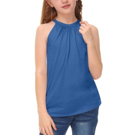 BesserBay Kids Summer Cold Shoulder Button Back Solid Halter Neck Vest Cute Lovely Casual Blue Blouse 11-12 Years