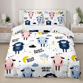 AILONEN Sheep Duvet Cover Set Full Size, Cute Sleeping Sheep Moon Clouds Print Bedding Set, Creative Good Night Kids Comforter Cover Set 3 Pieces, 1 Quilt Cover and 2 Pillowcases(No Comforter)