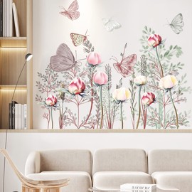 Tulip Wall Stickers, Tulip Flower with Butterfly Wall Decals for Office Home Living Room Bedroom and Parties Decoration