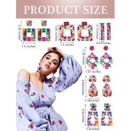 Kigeli 6 Pairs Rhinestone Rectangle Statement Earrings for Women Crystal Geometric Drop Dangle Earrings Colorful Square Teardrop Diamond Bejeweled Earrings for Prom Party Jewelry Gifts Collection