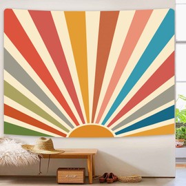 SparkLia Sun Tapestry Vintage Boho Wall Hanging Hippie Retro 70s Sunrise Sunset Home Decor Abstract Geometric Wall Art for Bedroom, Living Room - 59.1" x 80" - Rainbow