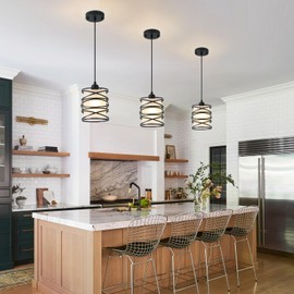 3 Pack Frosted Glass Pendant Light Fixtures 6.3Inch Spiral Metal Cage