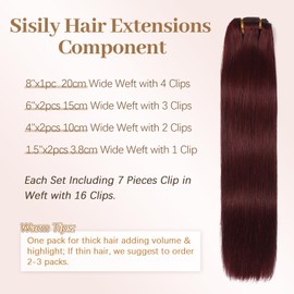 Sisily Clip in Hair Extensions Real Human Hair, Premium Human Hair Clip in Extensions Burgundy Red, Soft Straight Hair Extensions Real Human Hair Clip ins 7PCS Double Weft（18 Inch）