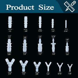 58 Pcs Hose Barb Fittings Assortment,16 sizes of equal and unequal barbed hose fittings, pipe connectors, joint splicers, and menders for liquid, water, gas, and air