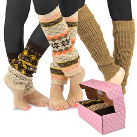 TeeHee Winter Snowflakes Geometric Leg Warmers for Women 3 pairs Gift Box Brown Khaki Ivory (Assorted Cable Knit)