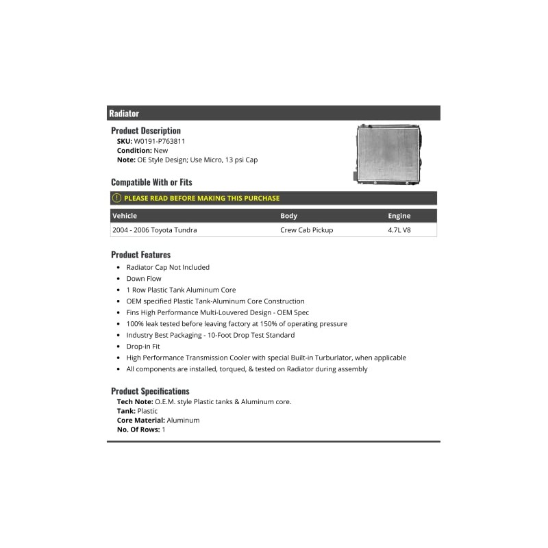 Radiator without Cap - Compatible with 2004-2006 Toyota Tundra Crew