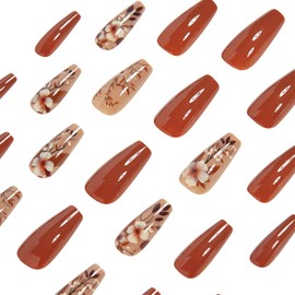 Spring Press on Nails Coffin Nails Press ons Medium Fake Nails with Floral Designs Brown Acrylic Nails Glossy False Nails Summer Glue on Nails Cute Stick on Nails for Women 24Pcs
