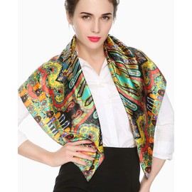 corciova 35 Large Women Satin Square Silk Like Hair Scarf Wrap Headscarf Golden Totems Curly Headband Tie Fashion Bandana