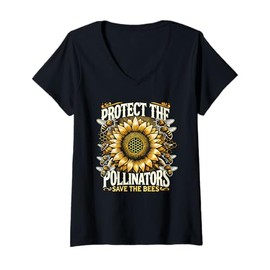 Womens Protect Pollinators Sunflower Bee Butterfly Insect Lover V-Neck T-Shirt