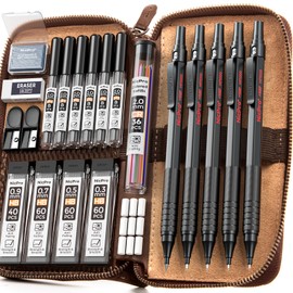 Nicpro 20PCS Black Metal Mechanical Pencil Set in Leather Case, Drafting Pencil 0.3, 0.5, 0.7, 0.9 mm & 2mm Lead Holders, 9 Tube (4B 2B HB 2H Colors) Lead Refills, Erasers For Art Sketching Drawing