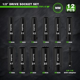 TecoTek 12 Pieces 1/2-Inch Drive Deep 12-Point Metric Impact Socket Set, Cr-V, 10mm to 24mm, Drill Socket Adapter 1/2"